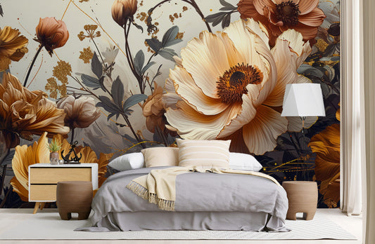 Gold Beige Peonies Floral Floral Wallpaper – peel and stick wallpaper mural, Golden Era Walls