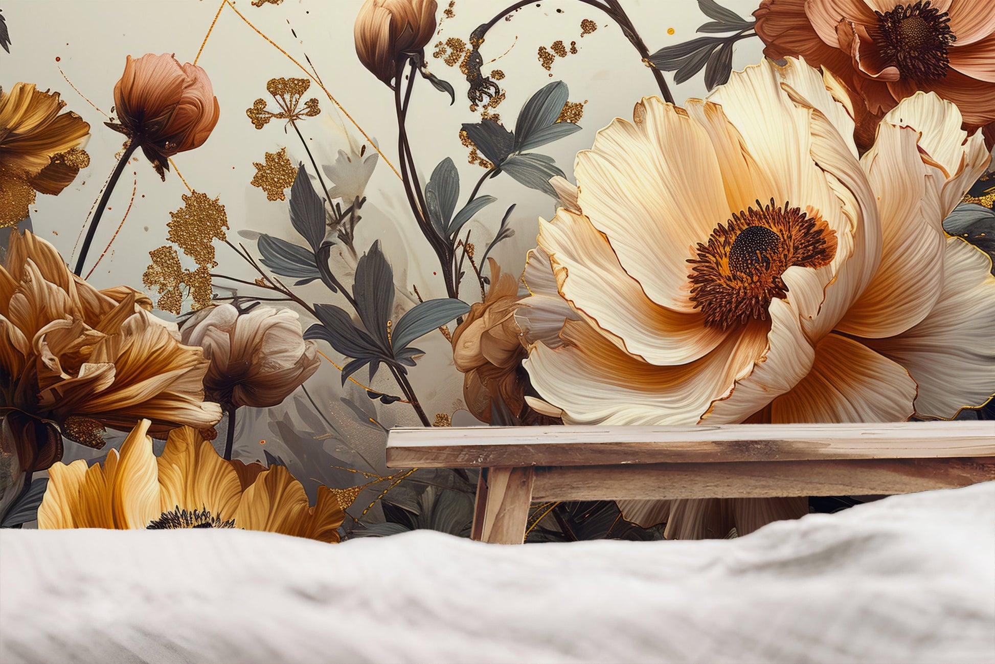 Gold Beige Peonies Floral Floral Wallpaper – lifestyle view, Golden Era Walls