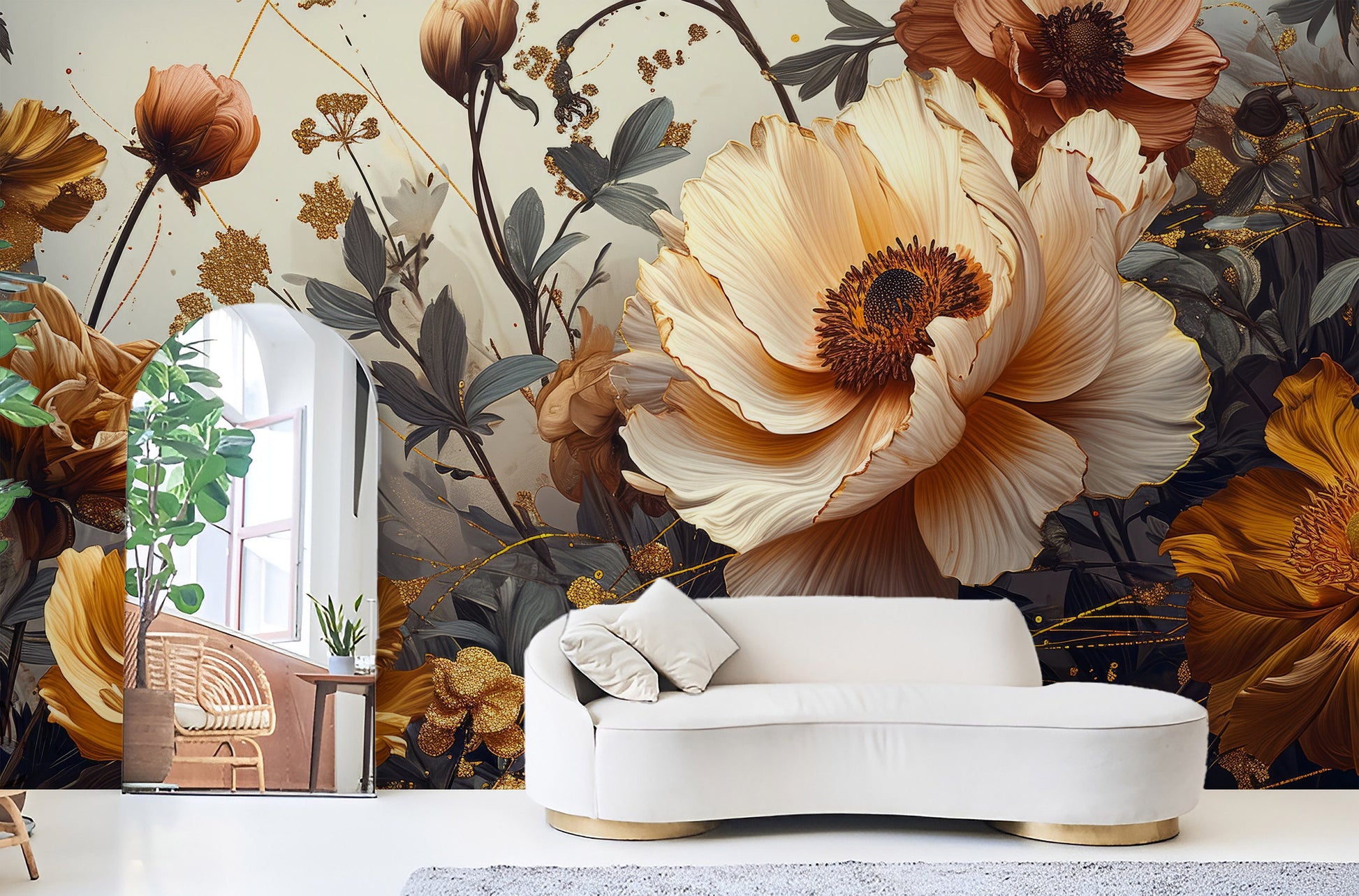 Gold Beige Peonies Floral Floral Wallpaper – room setting, Golden Era Walls