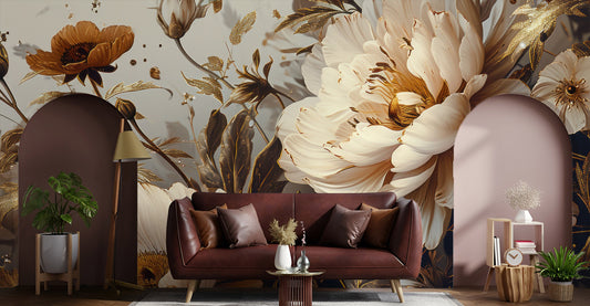 Dark Gold Floral Dutch Floral Wallpaper – detail view, Golden Era Walls