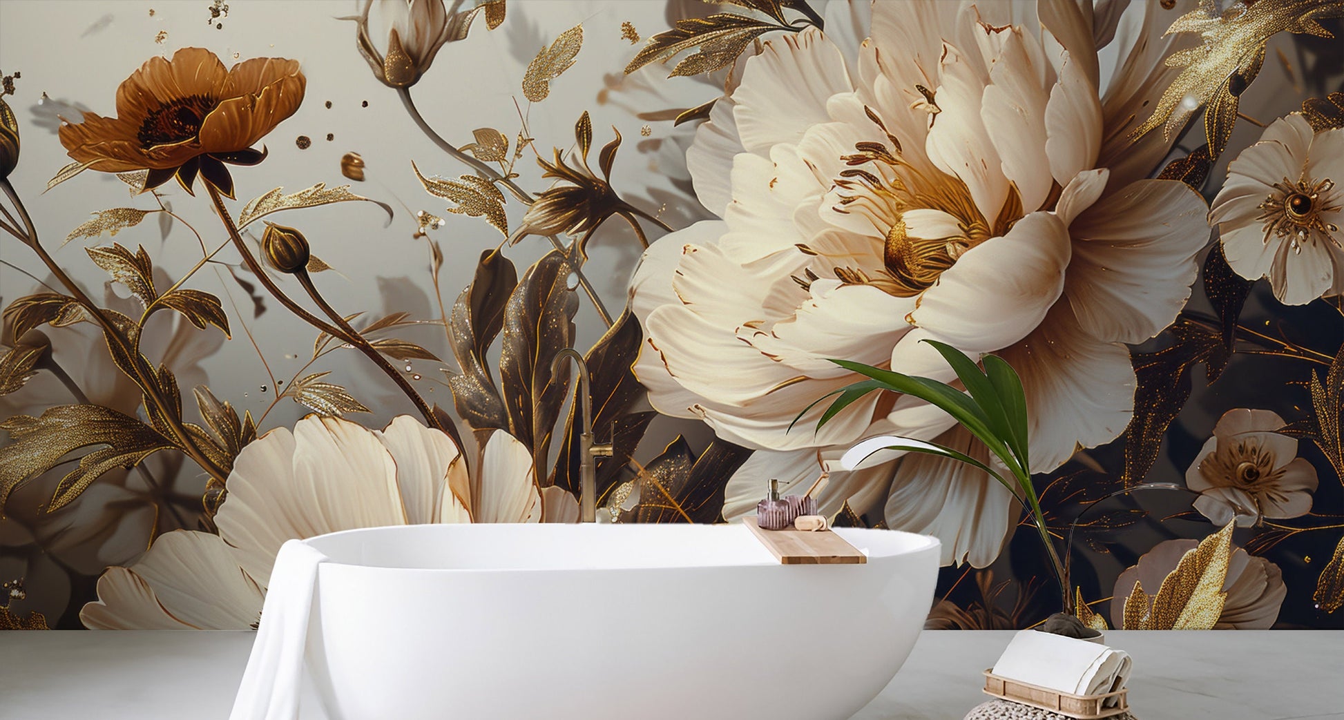 Dark Gold Floral Dutch Floral Wallpaper – alternate view, Golden Era Walls