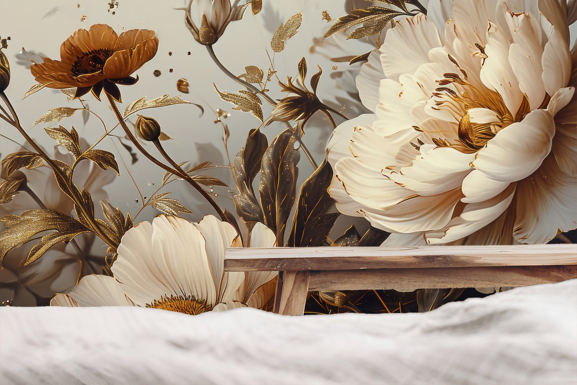 Dark Gold Floral Dutch Floral Wallpaper – room setting, Golden Era Walls