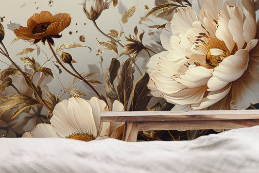 Dark Gold Floral Dutch Floral Wallpaper – room setting, Golden Era Walls