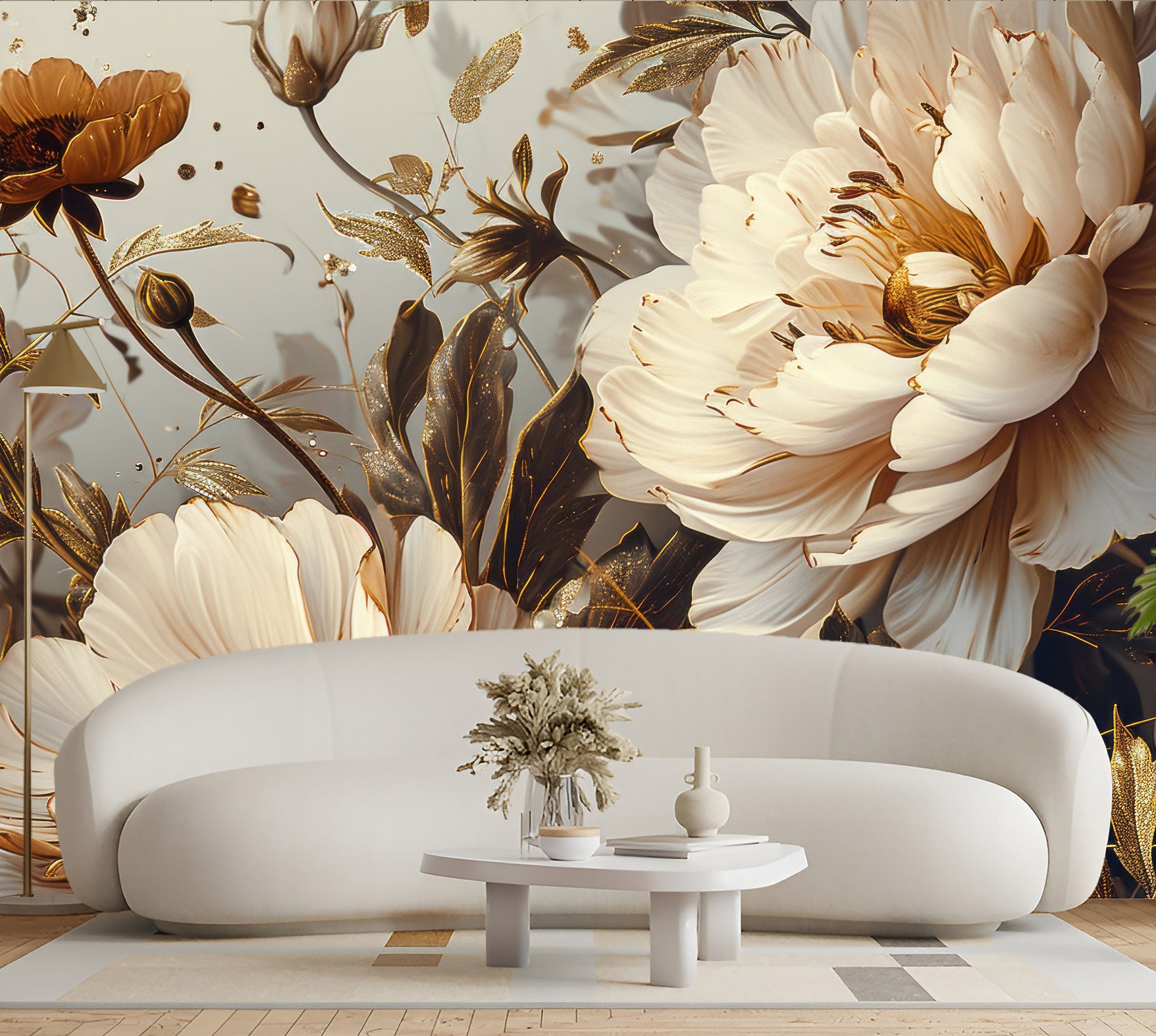 Dark Gold Floral Dutch Floral Wallpaper – scale reference, Golden Era Walls