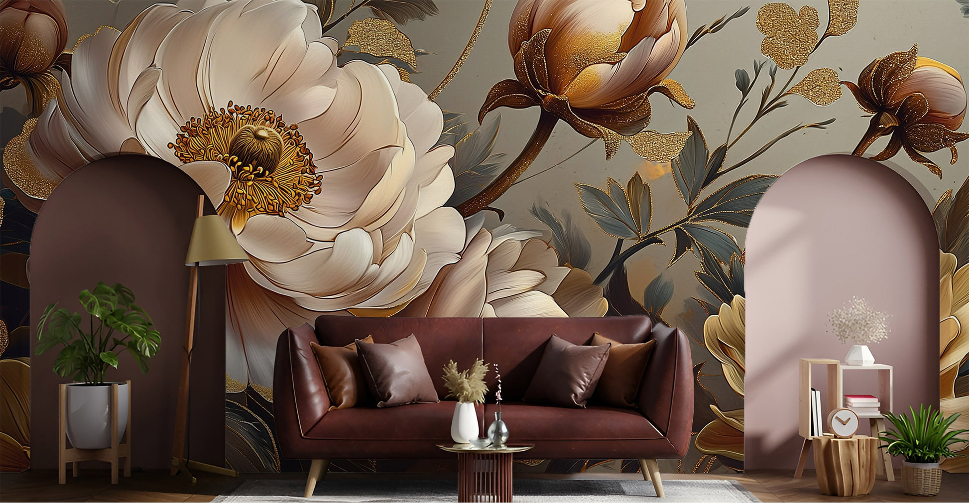 Dark Floral Botanical Luxury Floral Wallpaper – detail view, Golden Era Walls