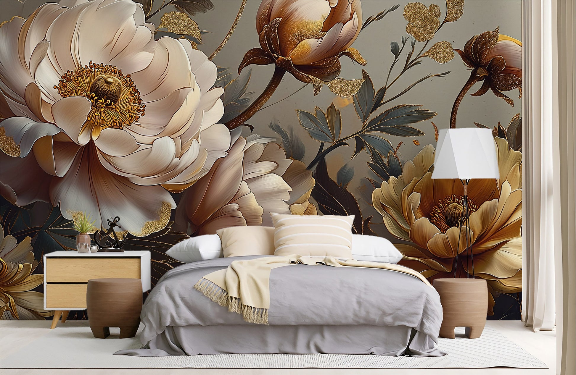 Dark Floral Botanical Luxury Floral Wallpaper – peel and stick wallpaper mural, Golden Era Walls