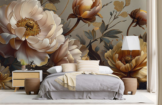 Dark Floral Botanical Luxury Floral Wallpaper wallpaper mural, peel and stick removable, Golden Era Walls
