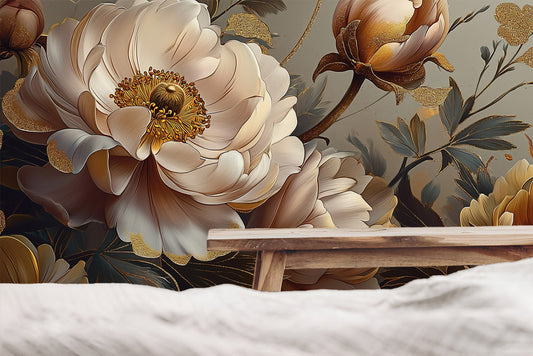 Dark Floral Botanical Luxury Floral Wallpaper wallpaper mural, detail view, Golden Era Walls