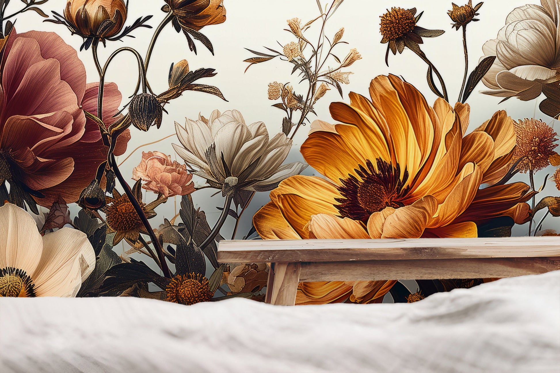 Bright Peony Light Gold Floral Wallpaper – scale reference, Golden Era Walls