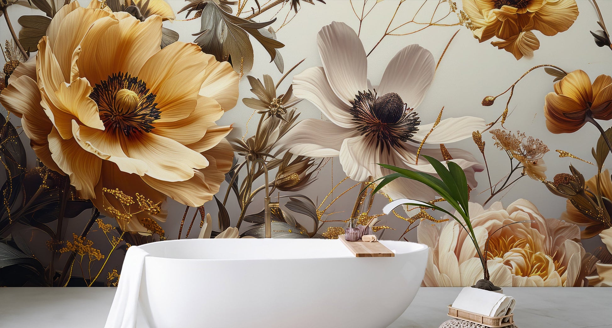 Boho Blush Watercolor Peony Floral Wallpaper – alternate view, Golden Era Walls