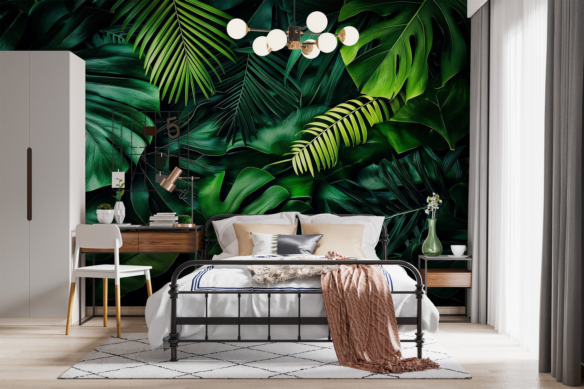 Dark Tropical Elegant Monstera Floral Wallpaper – scale reference, Golden Era Walls