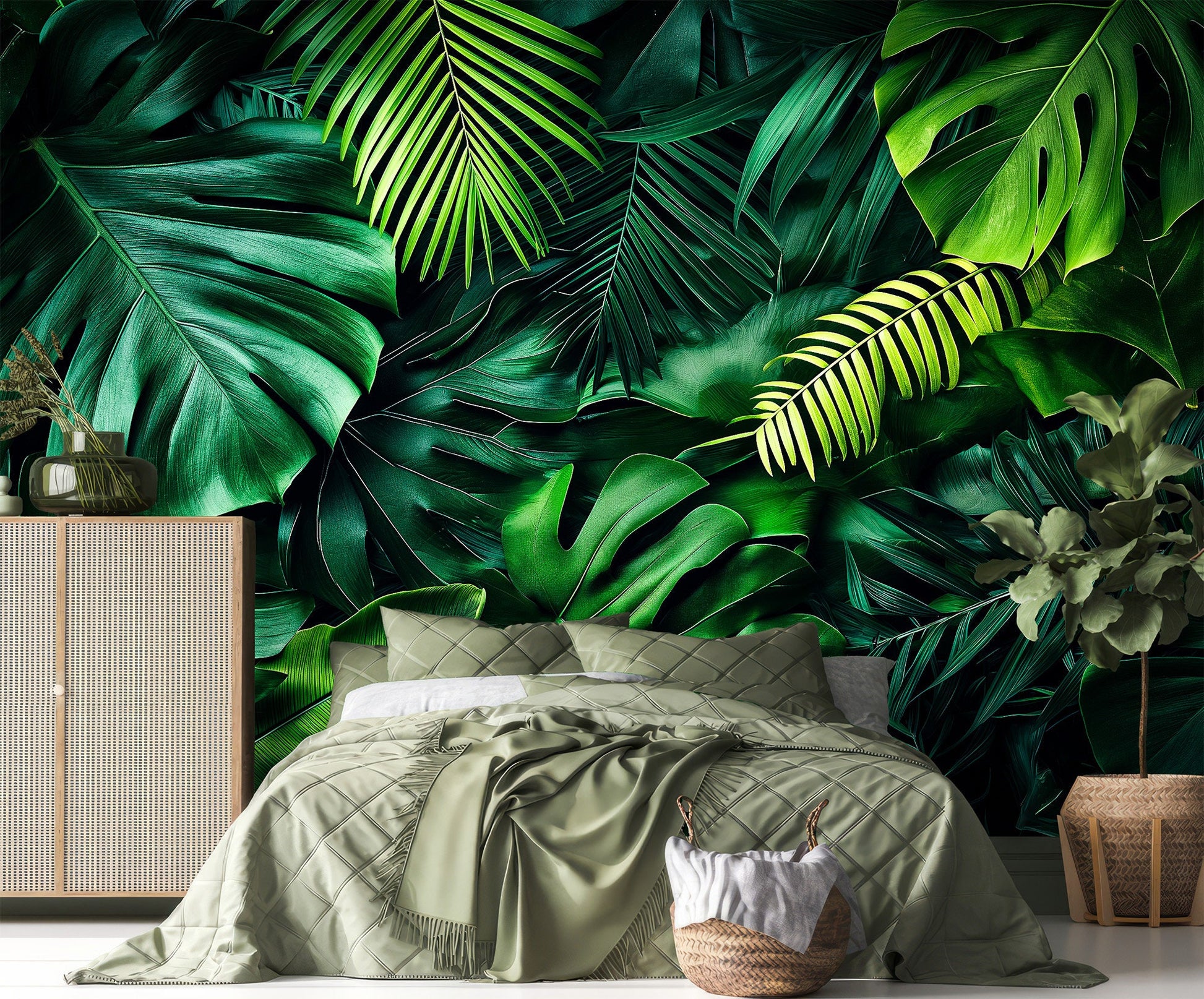 Dark Tropical Elegant Monstera Floral Wallpaper – detail view, Golden Era Walls