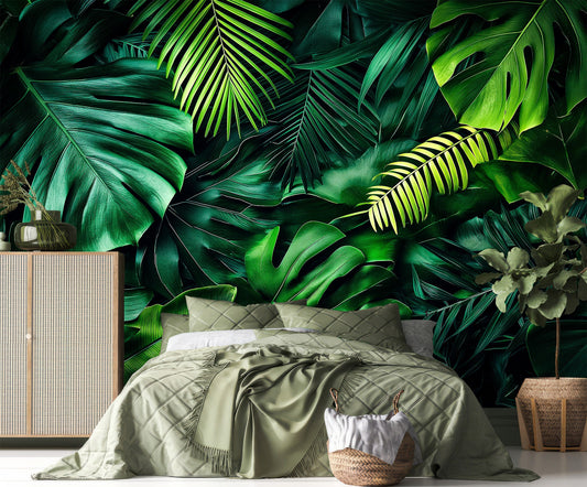 Dark Tropical Elegant Monstera Floral Wallpaper – detail view, Golden Era Walls