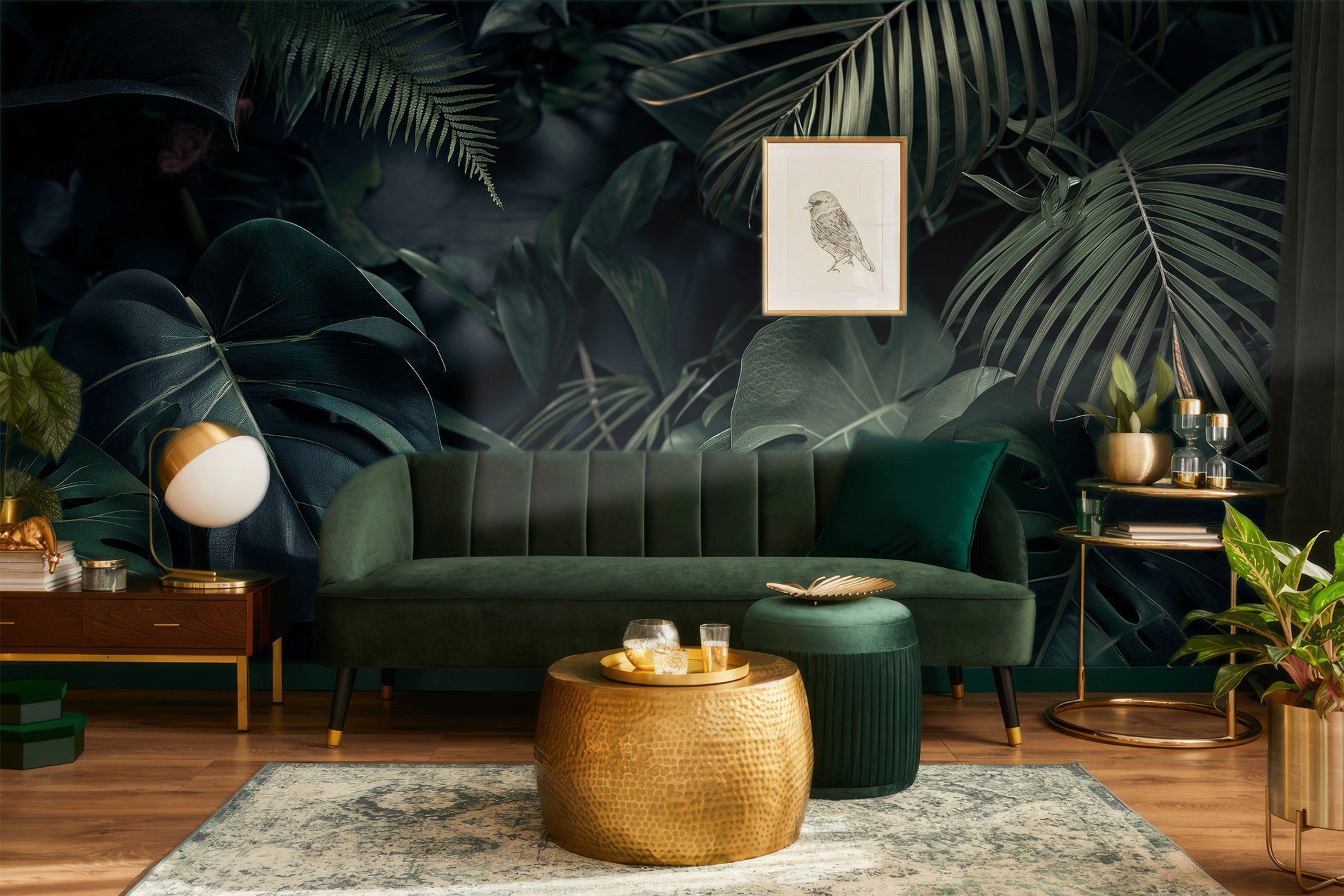 Exotic Leaves Dark Tropical Floral Wallpaper – scale reference, Golden Era Walls