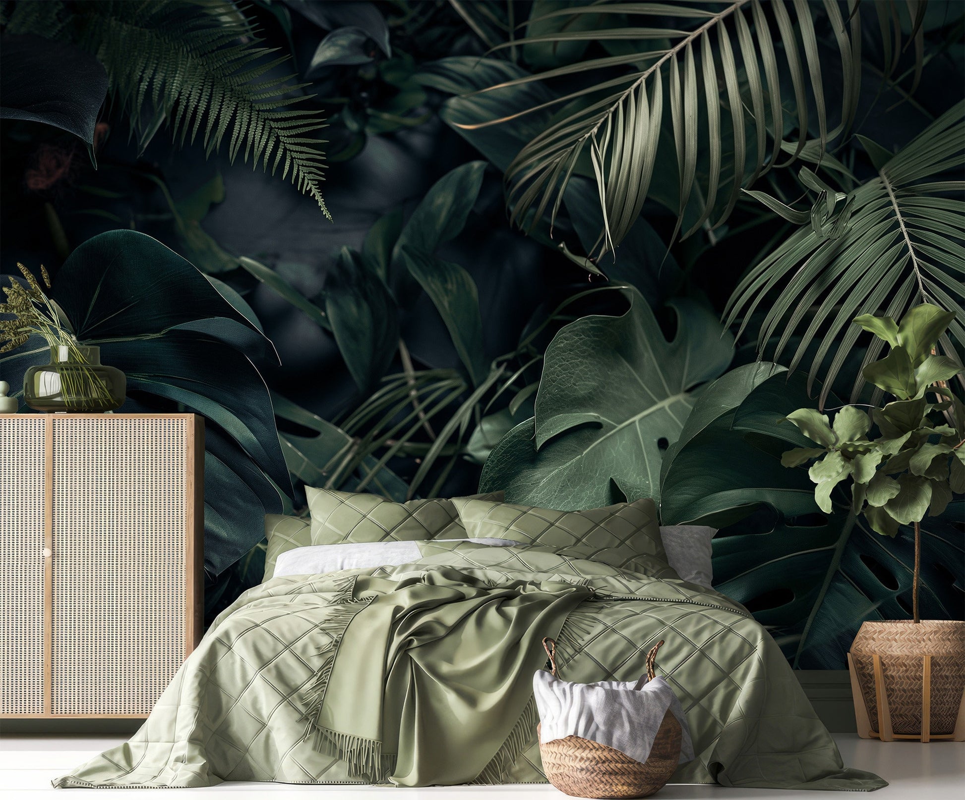 Exotic Leaves Dark Tropical Floral Wallpaper – peel and stick wallpaper mural, Golden Era Walls