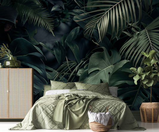 Exotic Leaves Dark Tropical Floral Wallpaper – peel and stick wallpaper mural, Golden Era Walls