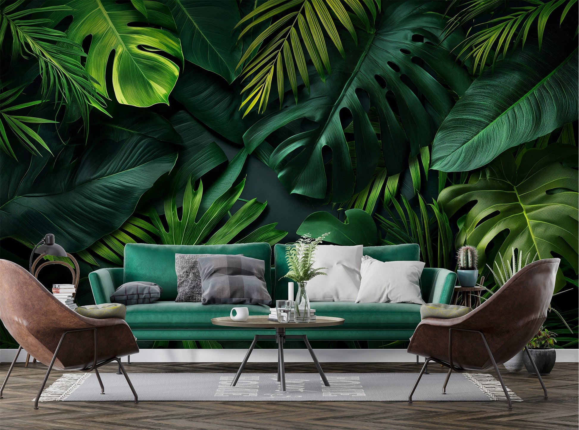 Jungle Leaves Dark Tropical Floral Wallpaper – room setting, Golden Era Walls