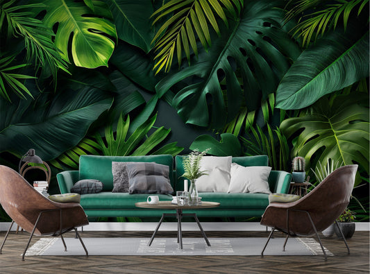 Jungle Leaves Dark Tropical Floral Wallpaper – room setting, Golden Era Walls