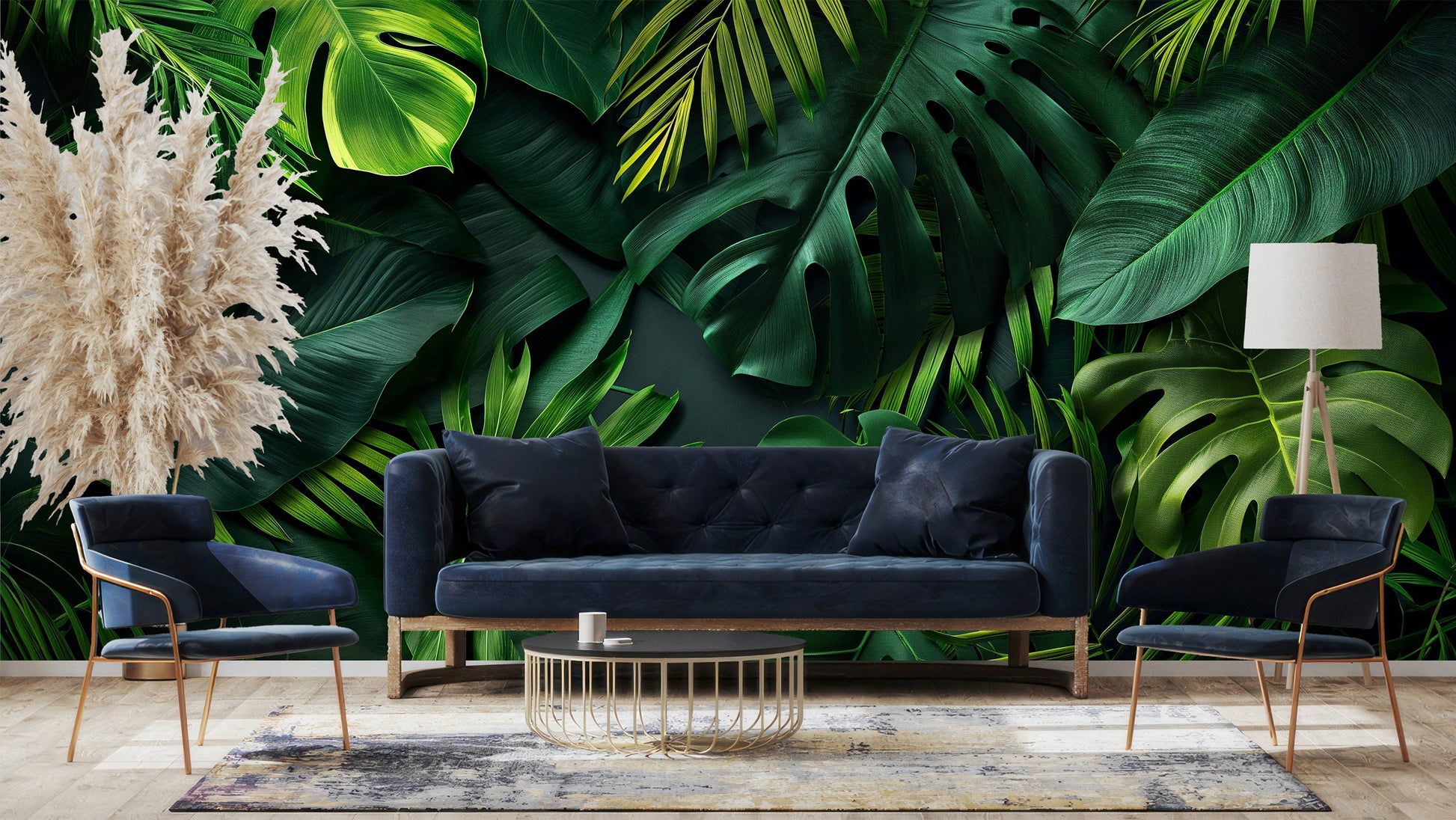 Jungle Leaves Dark Tropical Floral Wallpaper – scale reference, Golden Era Walls