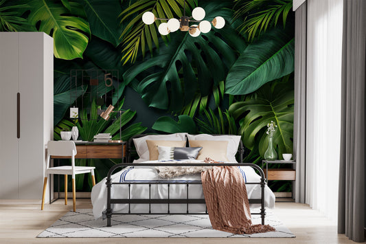 Jungle Leaves Dark Tropical Floral Wallpaper – detail view, Golden Era Walls