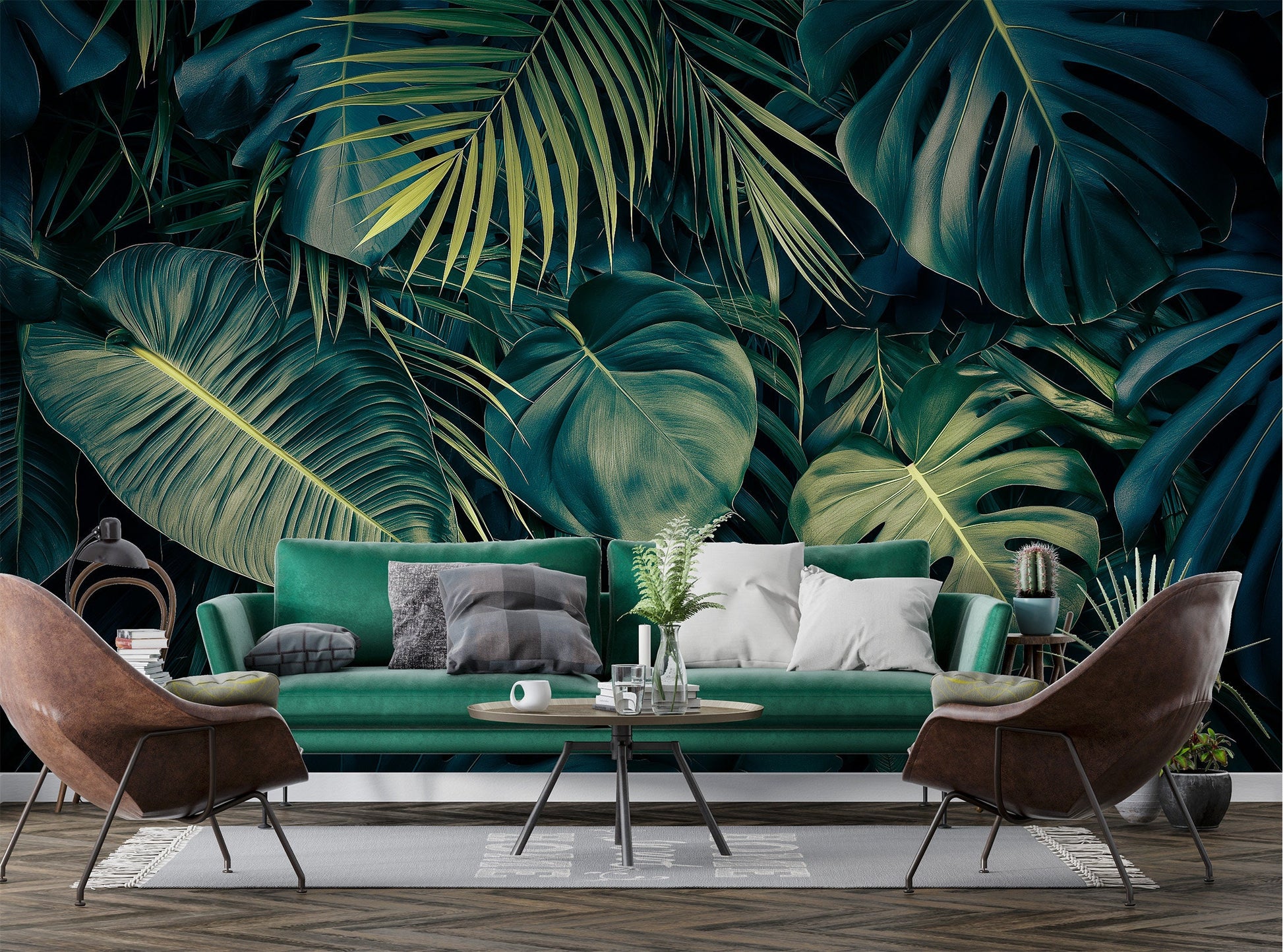 Dark Tropical Realistic Jungle Floral Wallpaper – lifestyle view, Golden Era Walls