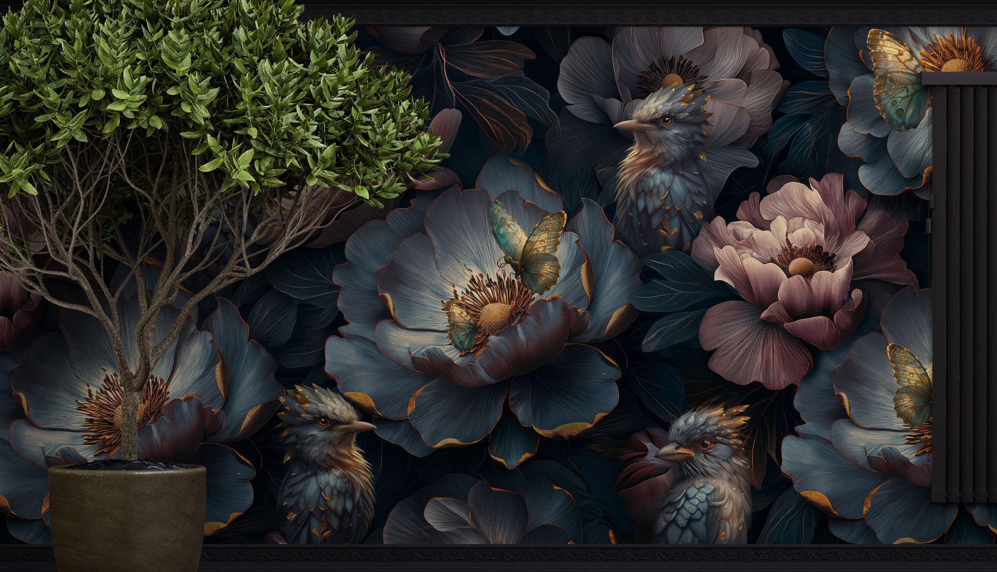 Dark Floral Luxury Accent Floral Wallpaper – room setting, Golden Era Walls