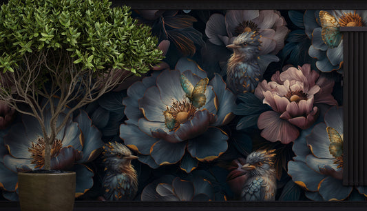 Dark Floral Luxury Accent Floral Wallpaper – room setting, Golden Era Walls
