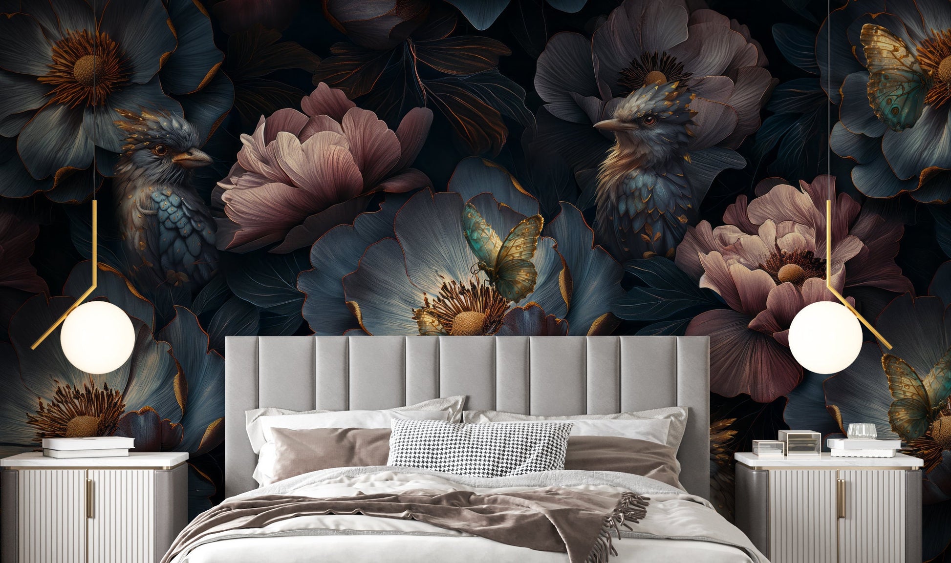 Dark Floral Luxury Accent Floral Wallpaper – detail view, Golden Era Walls