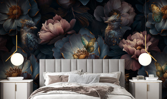 Dark Floral Luxury Accent Floral Wallpaper – detail view, Golden Era Walls