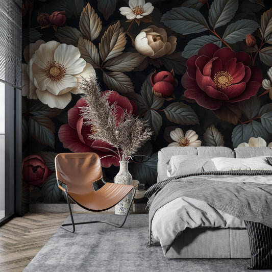 Beautiful Flowers Dark Floral Floral Wallpaper – detail view, Golden Era Walls