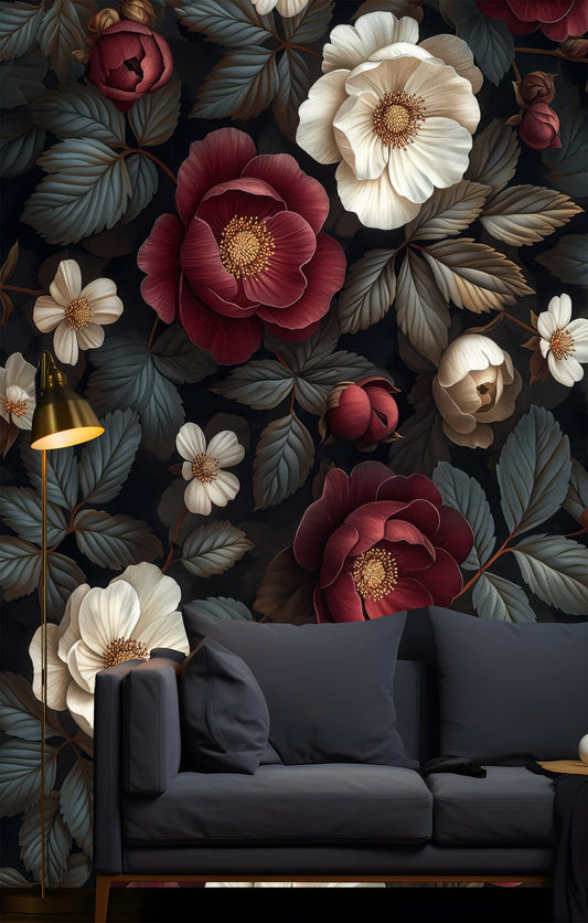 Beautiful Flowers Dark Floral Floral Wallpaper – peel and stick wallpaper mural, Golden Era Walls