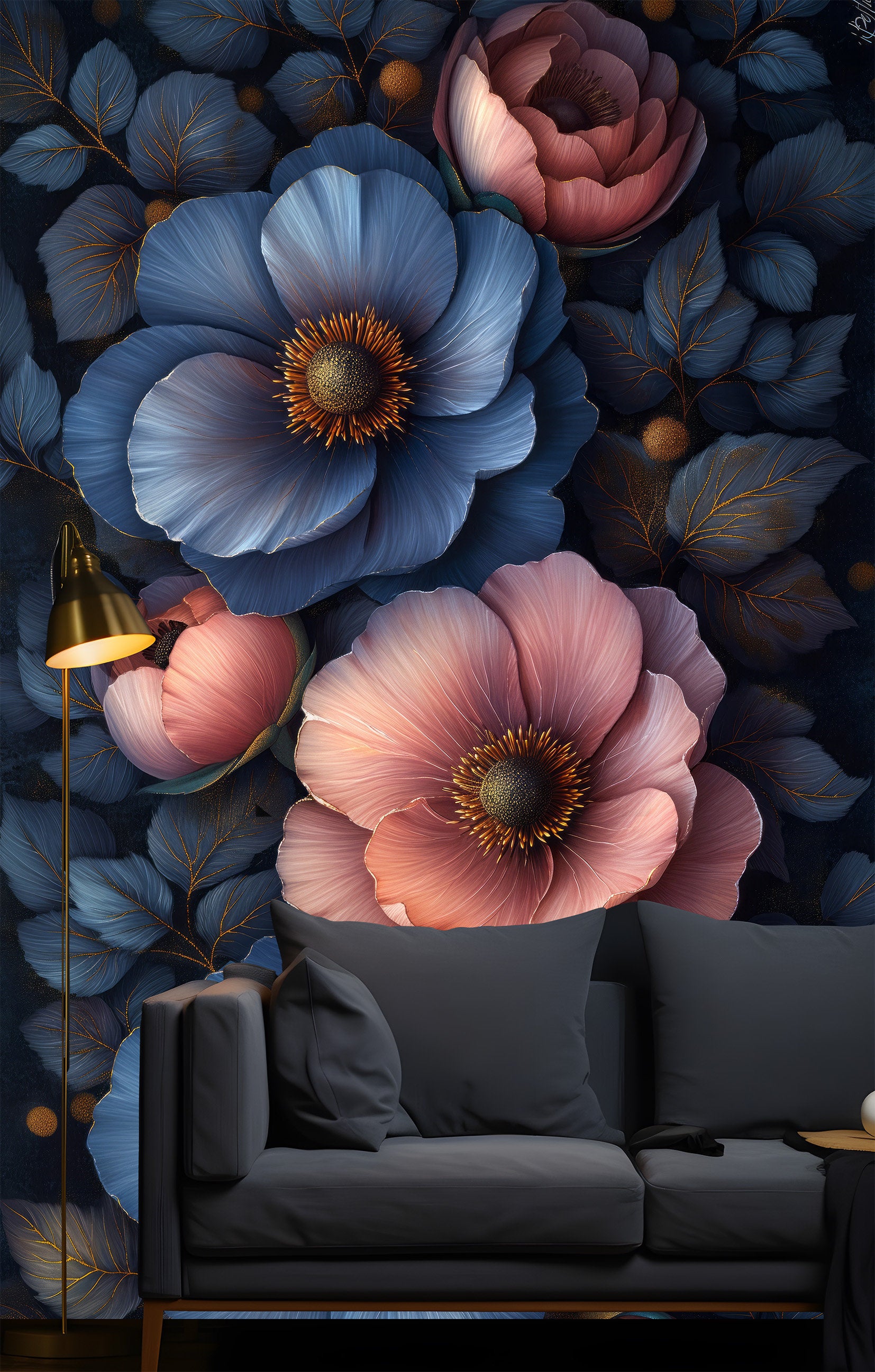 Boho Decor Dark Floral Floral Wallpaper – peel and stick wallpaper mural, Golden Era Walls