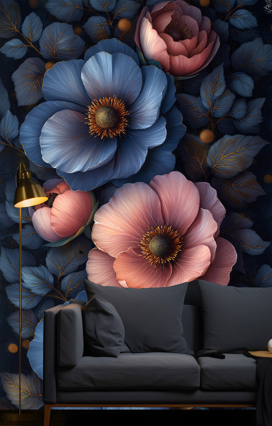 Boho Decor Dark Floral Floral Wallpaper – peel and stick wallpaper mural, Golden Era Walls
