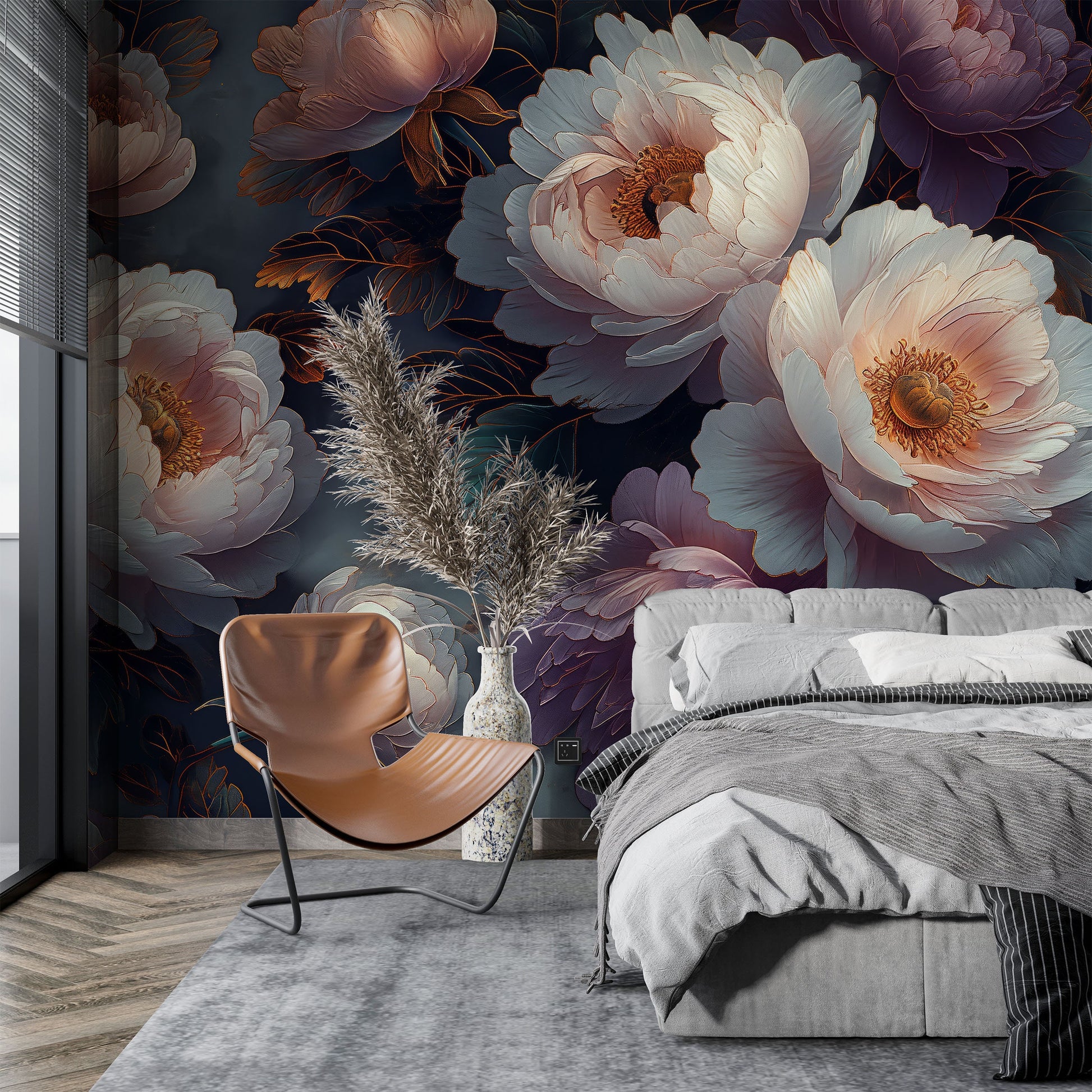Boho Peony Murals Dark Floral Wallpaper – lifestyle view, Golden Era Walls