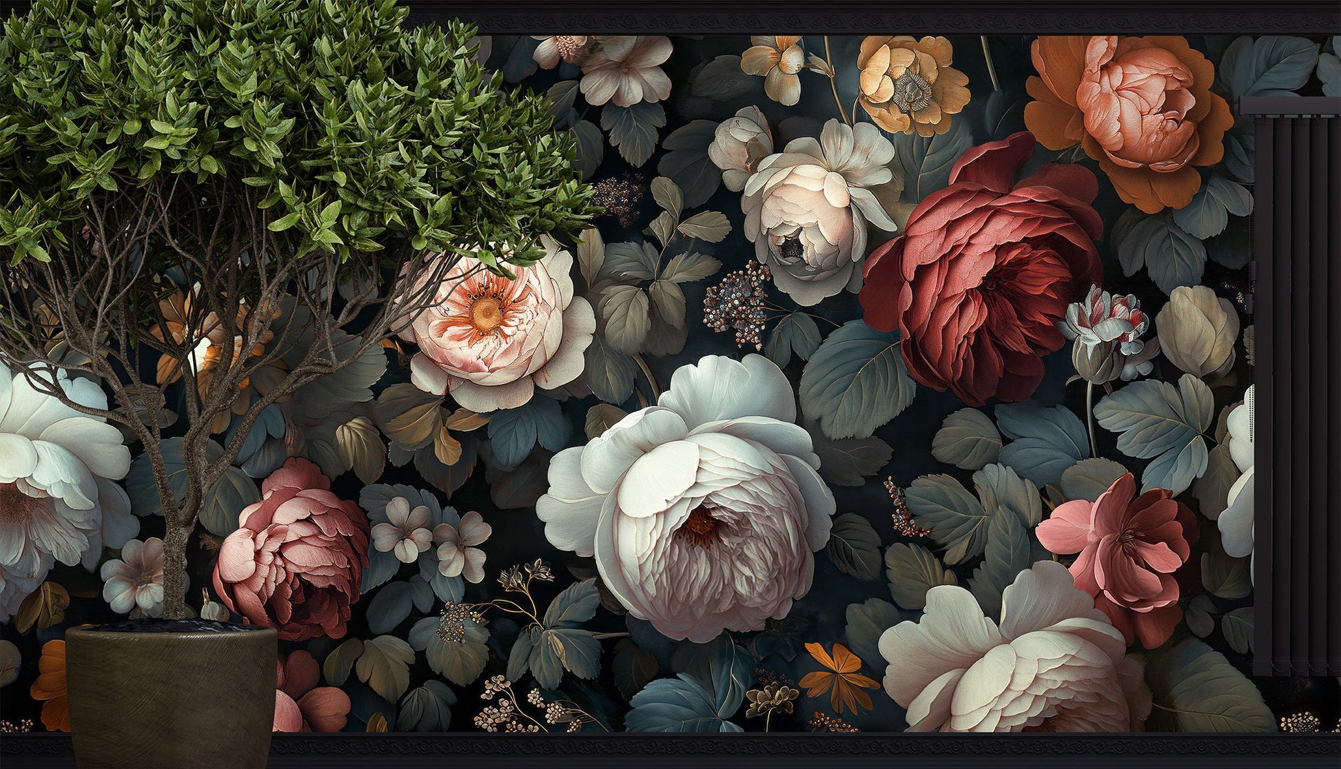 Botanical Flowers Baroque Style Floral Wallpaper – alternate view, Golden Era Walls