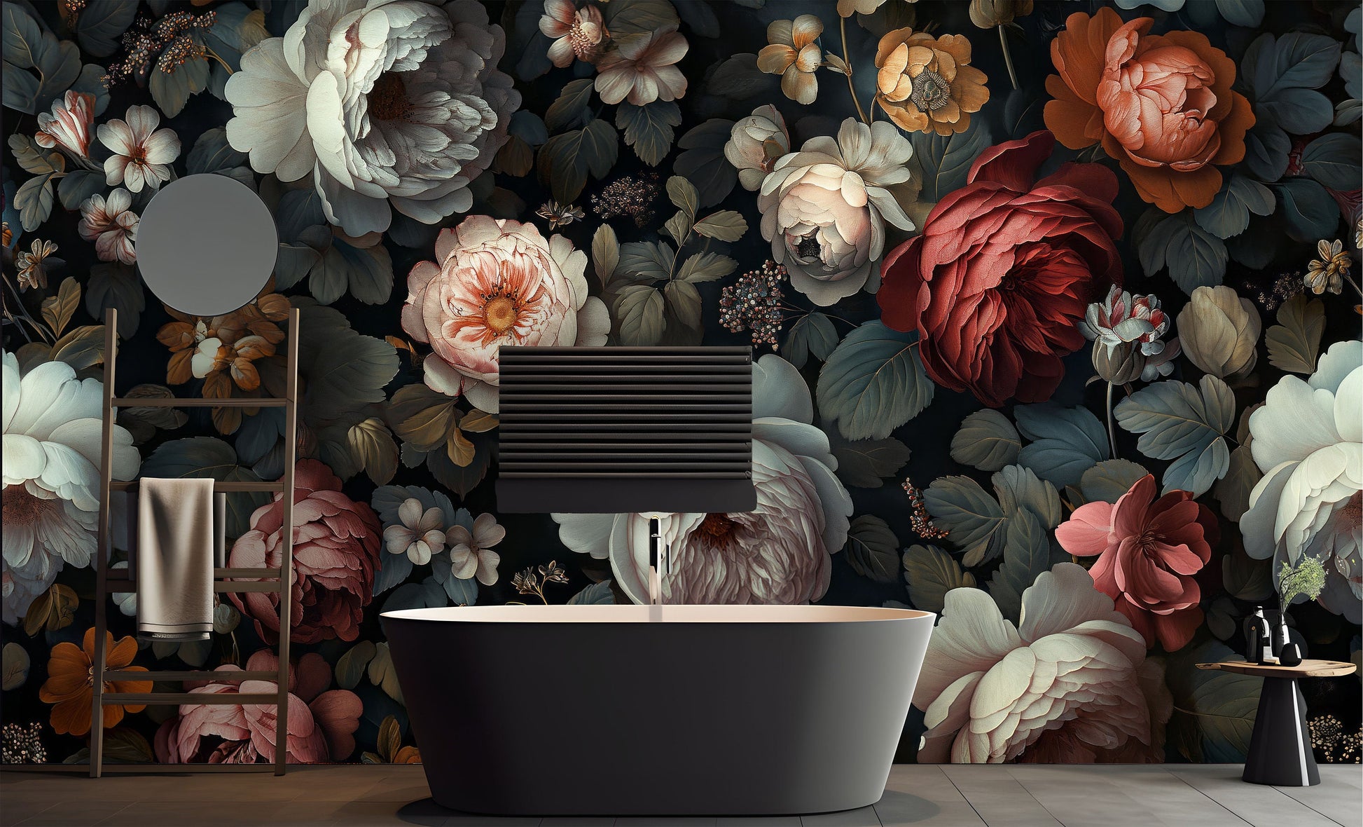 Botanical Flowers Baroque Style Floral Wallpaper – scale reference, Golden Era Walls