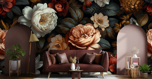 Dark Background Floral Botanical Floral Wallpaper Pattern – room setting, Golden Era Walls