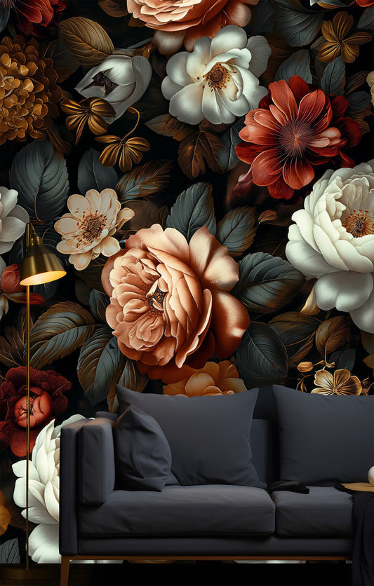 Dark Background Floral Botanical Floral Wallpaper Pattern – peel and stick wallpaper mural, Golden Era Walls
