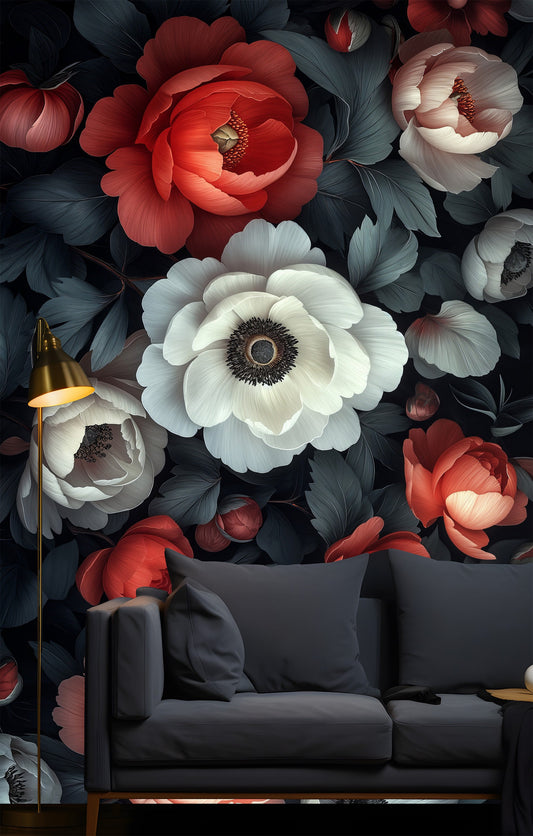 Dark Botanical Flowers Moody Floral Wallpaper – room setting, Golden Era Walls