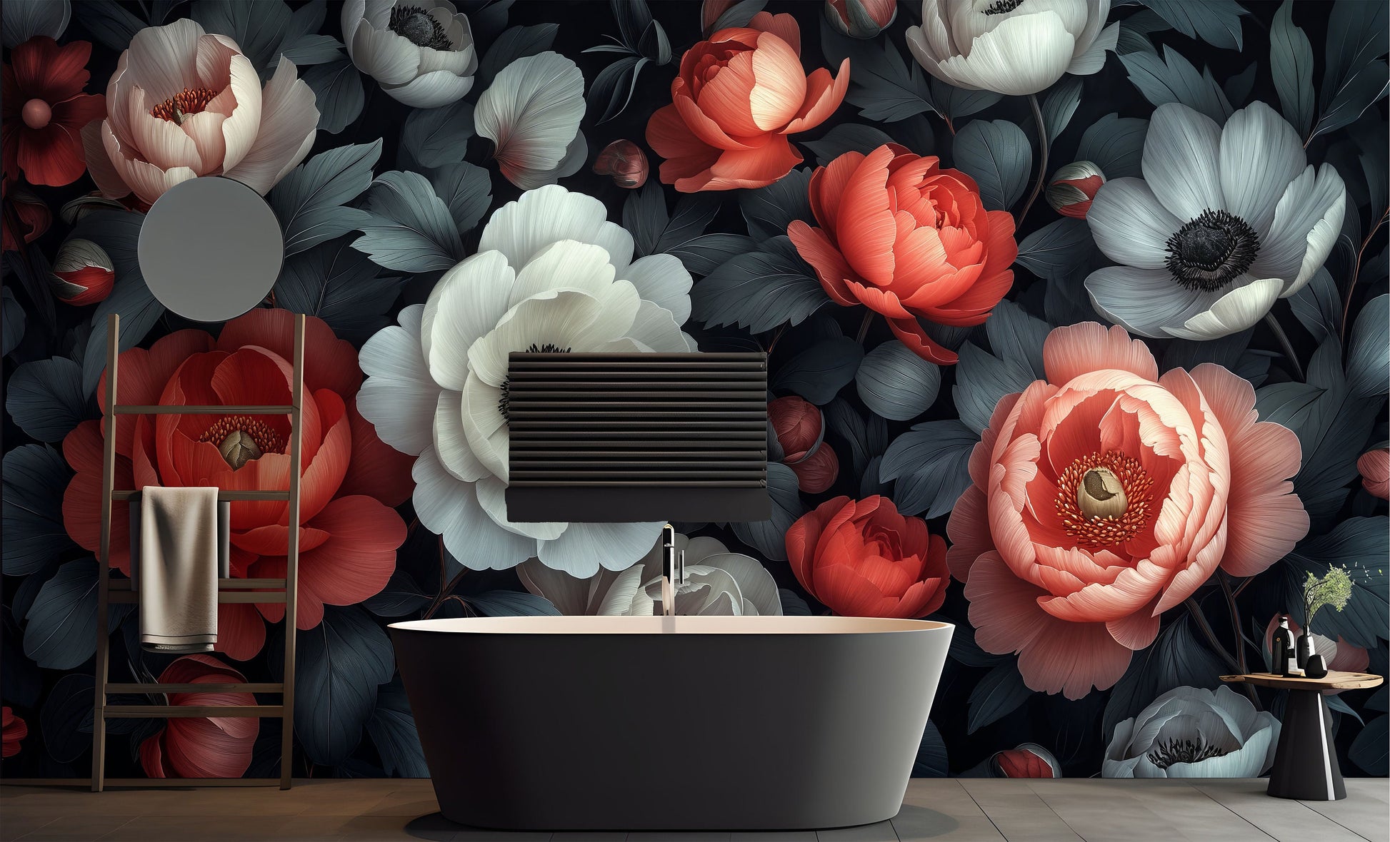 Dark Botanical Flowers Moody Floral Wallpaper – scale reference, Golden Era Walls