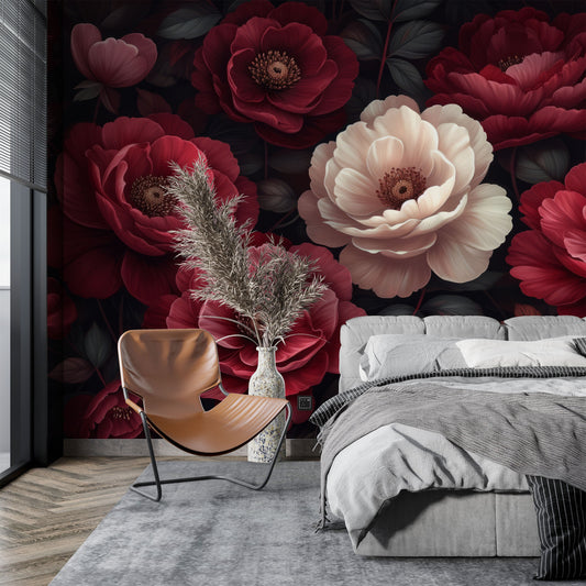 Dark Botanical Self Adhesive Floral Wallpaper – detail view, Golden Era Walls