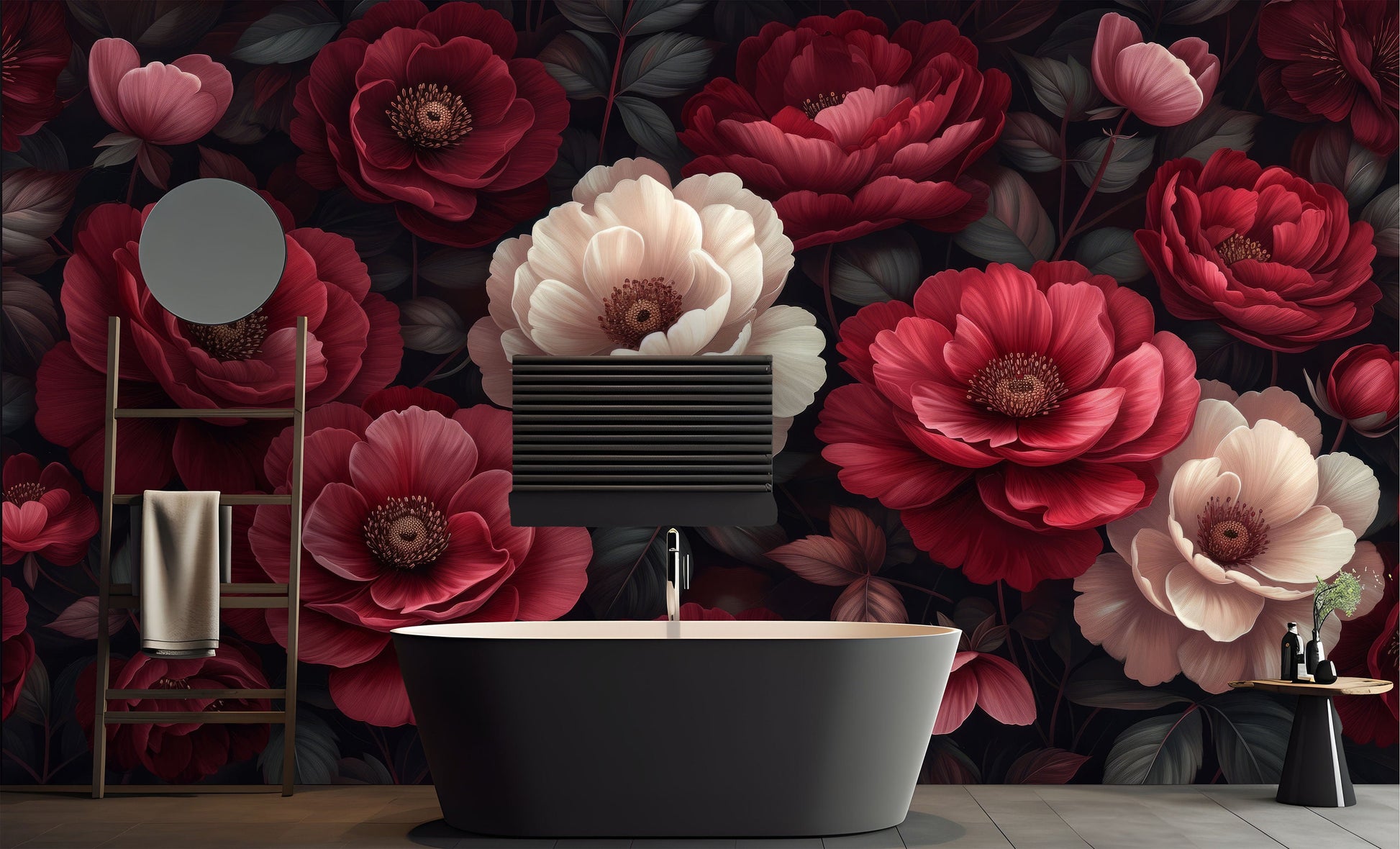 Dark Botanical Self Adhesive Floral Wallpaper – scale reference, Golden Era Walls