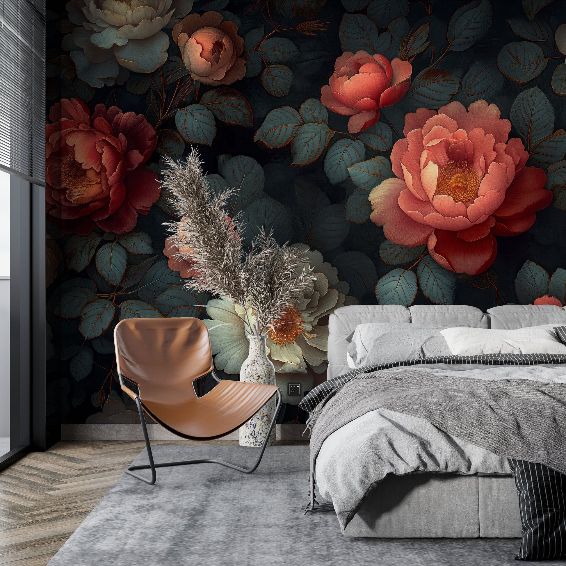 Dark Floral Botanical Beauty Floral Wallpaper – detail view, Golden Era Walls