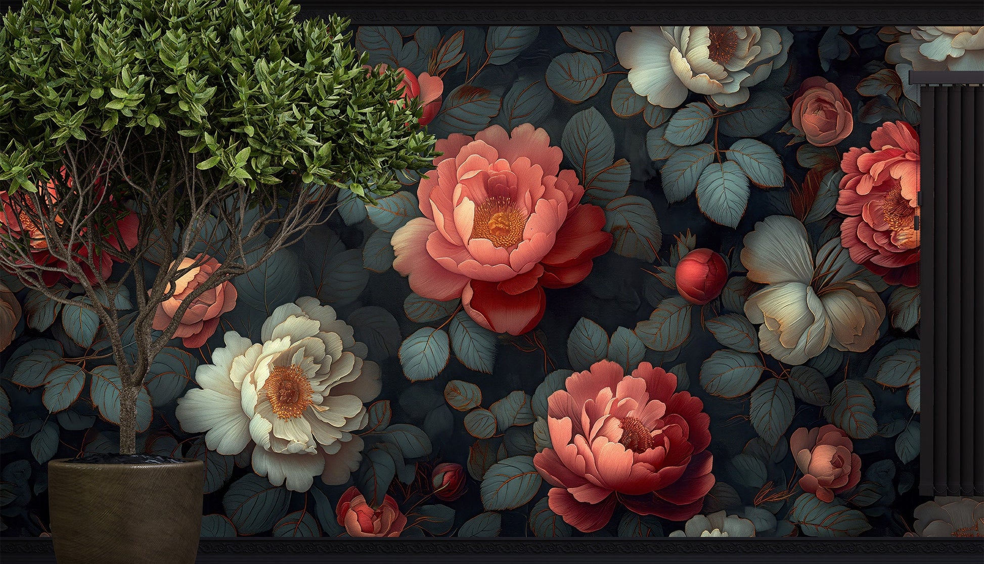 Dark Floral Botanical Beauty Floral Wallpaper – alternate view, Golden Era Walls