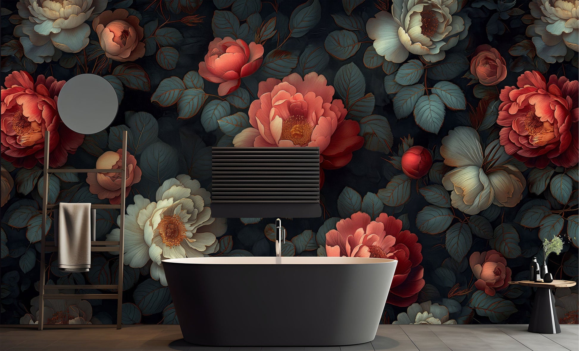 Dark Floral Botanical Beauty Floral Wallpaper – scale reference, Golden Era Walls