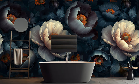 Dark Floral Golden Edges Floral Wallpaper Pattern – lifestyle view, Golden Era Walls