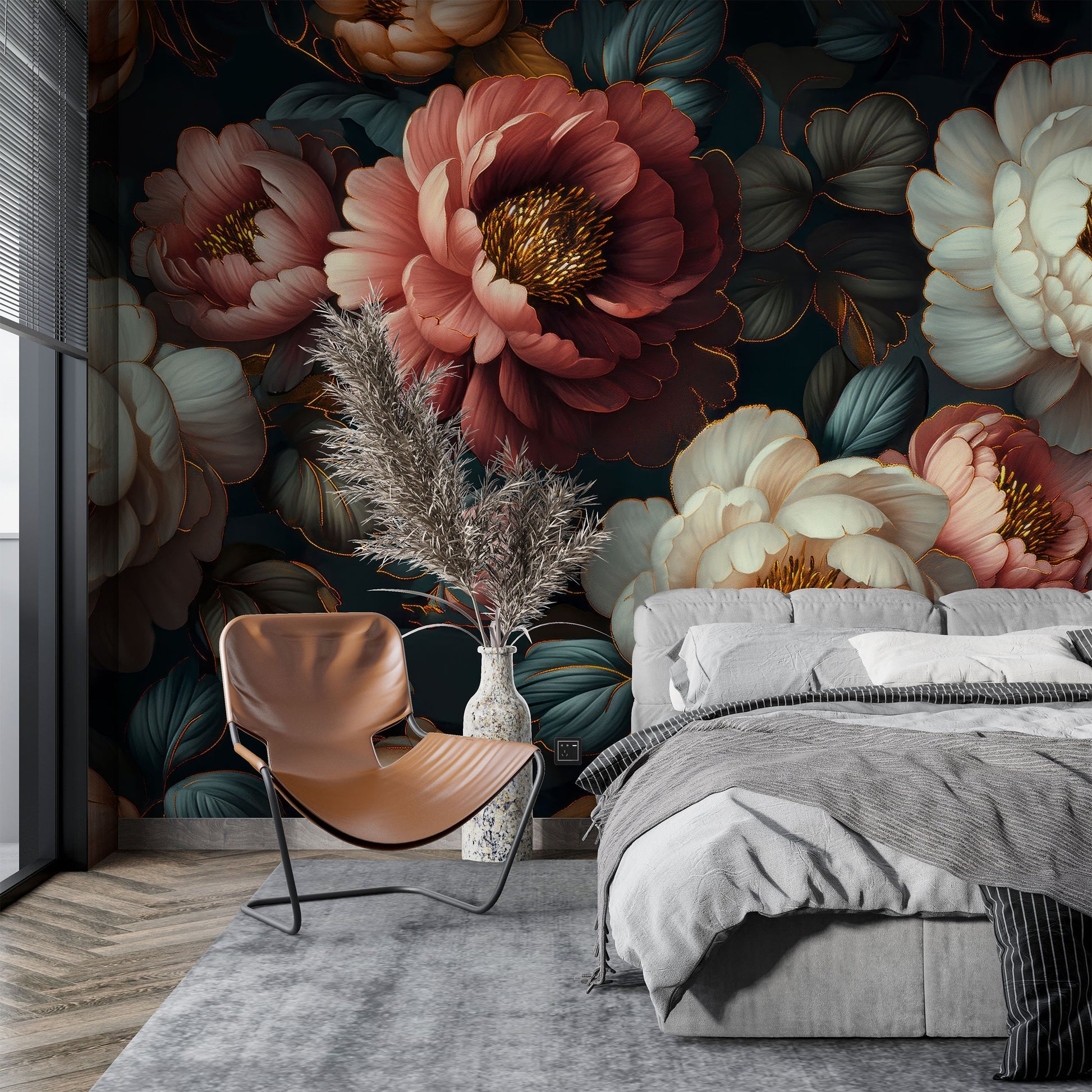 Elegant Vintage Floral Black Floral Wallpaper – lifestyle view, Golden Era Walls