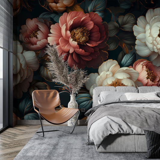 Elegant Vintage Floral Black Floral Wallpaper – lifestyle view, Golden Era Walls