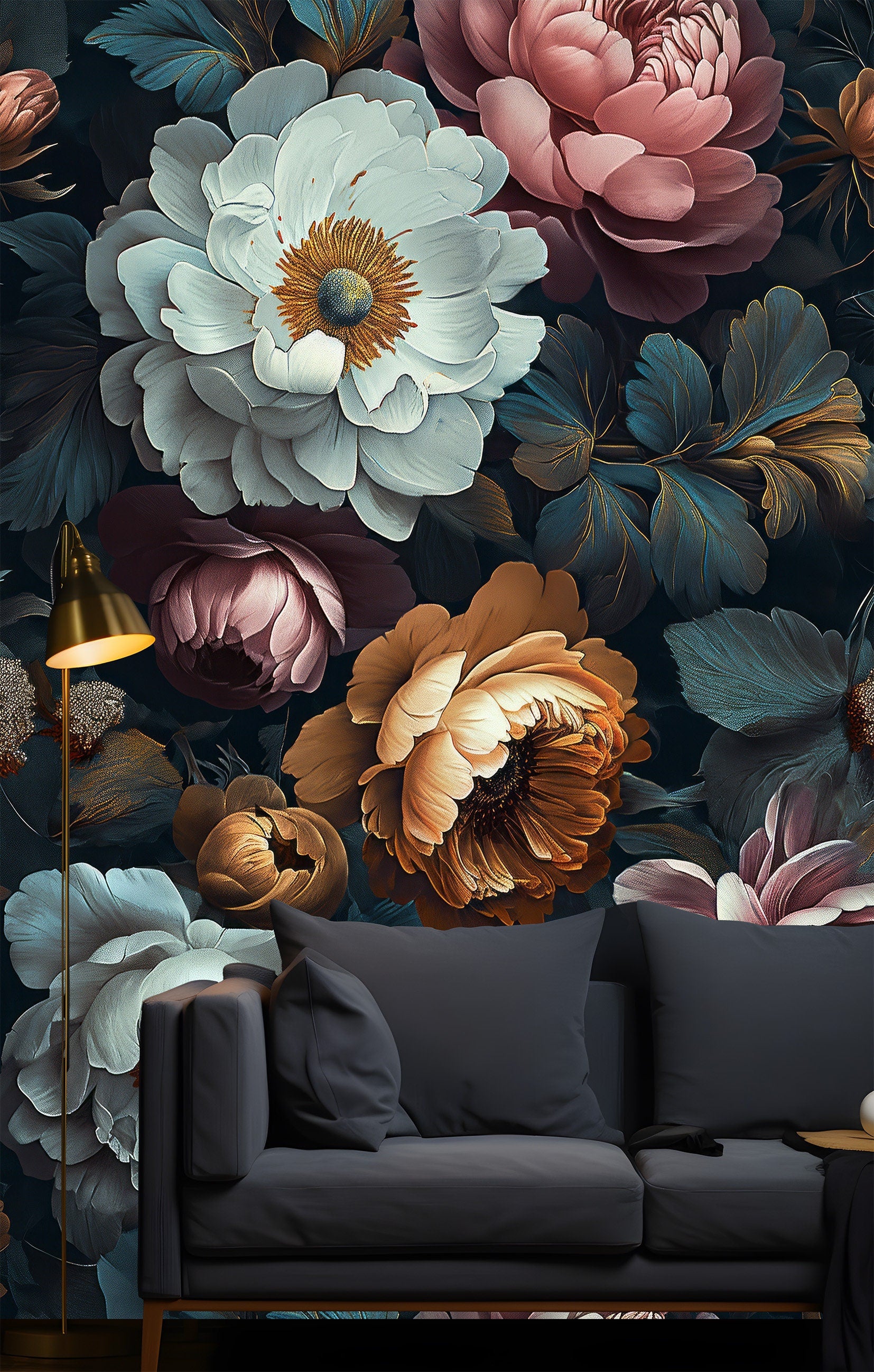 Luxury Birds Pattern Dark Floral Wallpaper – peel and stick wallpaper mural, Golden Era Walls
