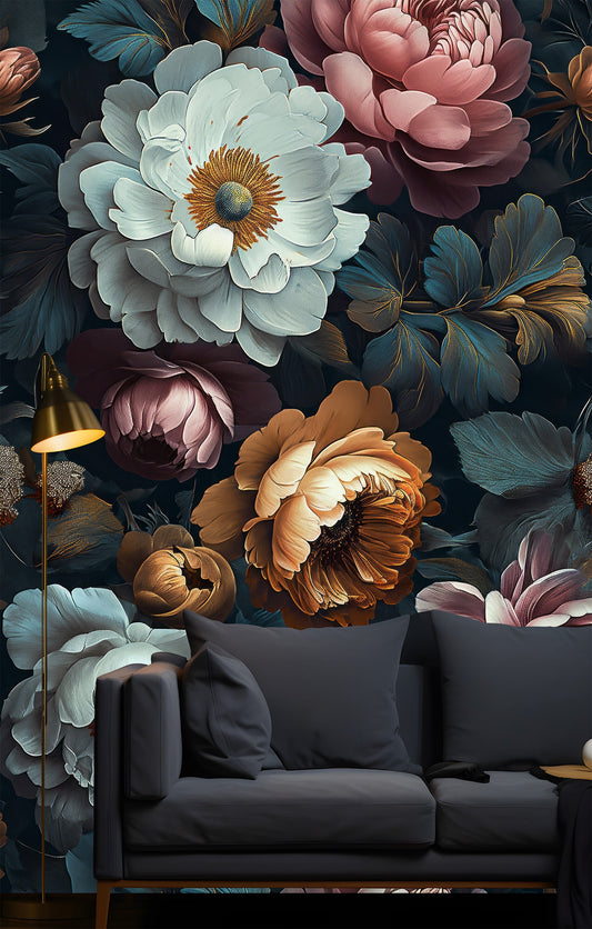 Luxury Birds Pattern Dark Floral Wallpaper – peel and stick wallpaper mural, Golden Era Walls